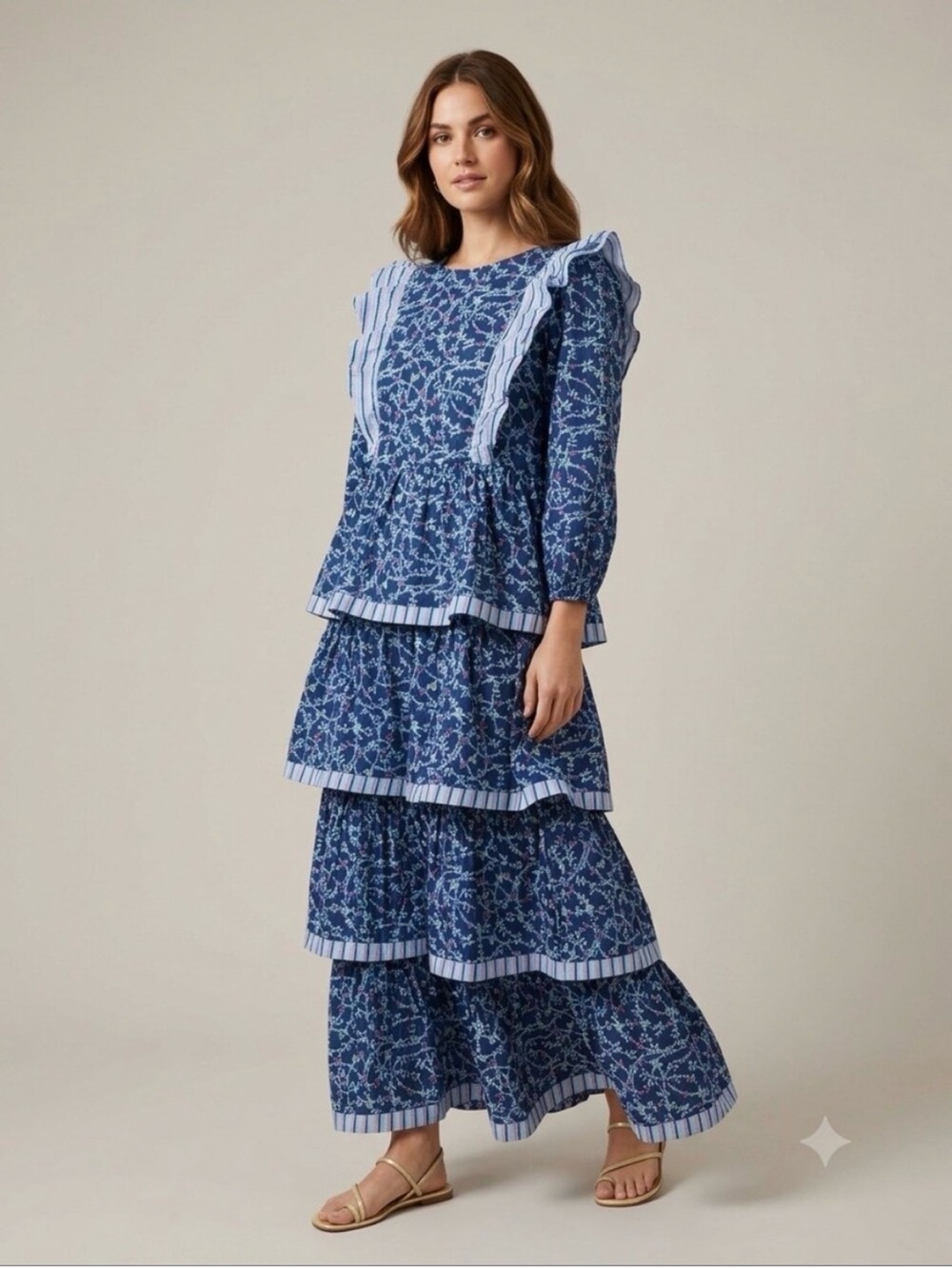 NWT Simply Southern Blue Floral Tiered Maxi Dress with Light Blue Trim